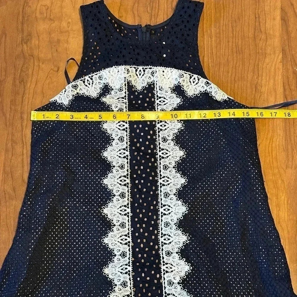 Nha Khanh Navy Bell Dress Shift Eyelet Shift Mini size 2 Wedding Guest - Picture 7 of 7